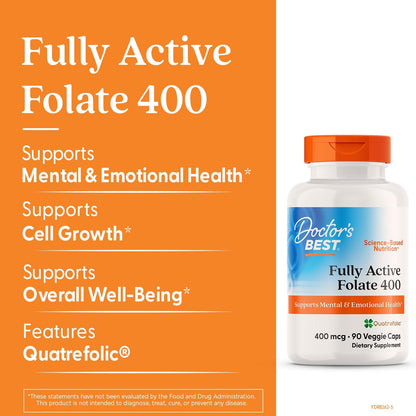 Doctor's BEST Folate Supplement 400 mcg, for Men & Women, 90 Veg Caps