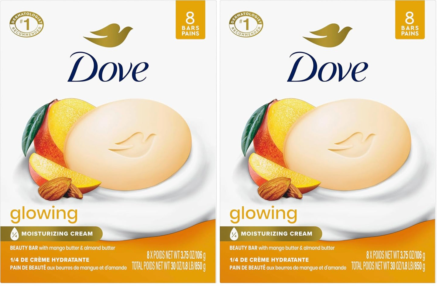 Dove Beauty Bar Soap Glowing Mango & Almond Butters,for Radiant Skin,Illuminates Skin 3.75 oz,(Pack of 16)