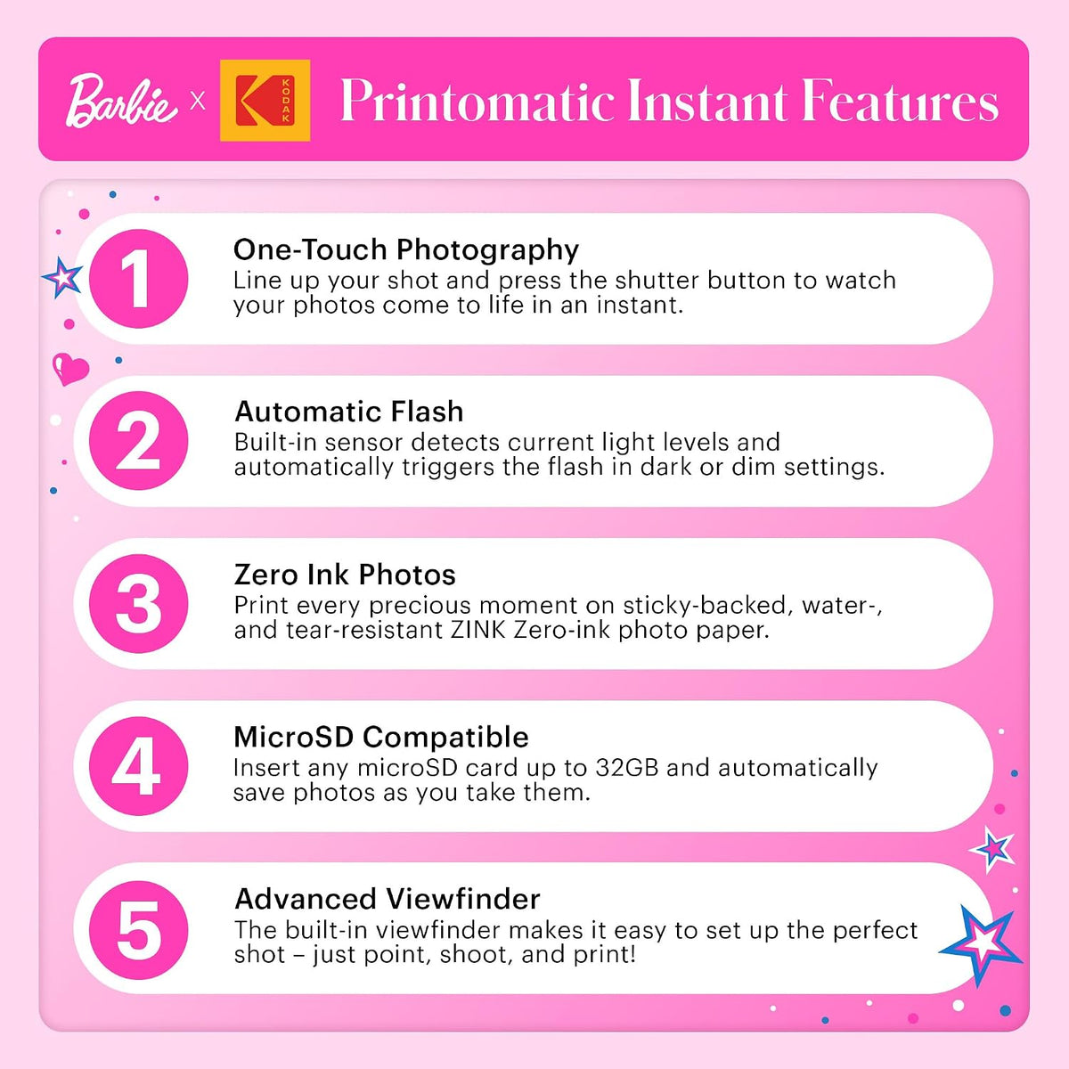Barbie x Kodak Printomatic Full-Color Instant Print Digital Camera – 5MP Portable Barbie Camera Prints Colorful 2x3” Sticky-Back Photos – Signature Style