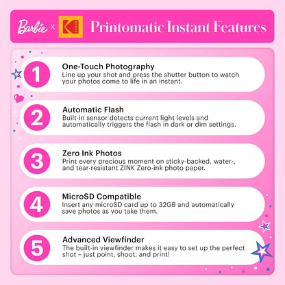 Barbie x Kodak Printomatic Full-Color Instant Print Digital Camera – 5MP Portable Barbie Camera Prints Colorful 2x3” Sticky-Back Photos – Signature Style