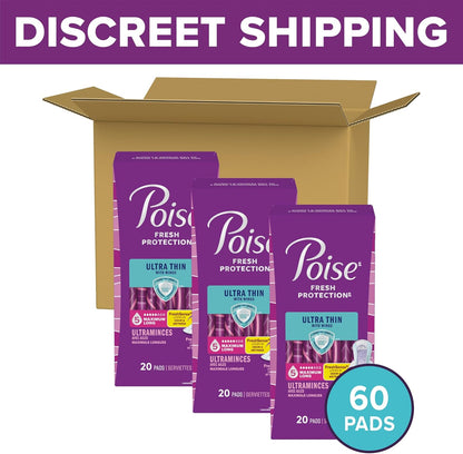 Poise Ultra Thin Incontinence & Postpartum Pads with Wings for Bladder Leaks, 5 Drop Maximum Absorbency, Long Length, Packaging May Vary, 60 Count (Pack of 2)