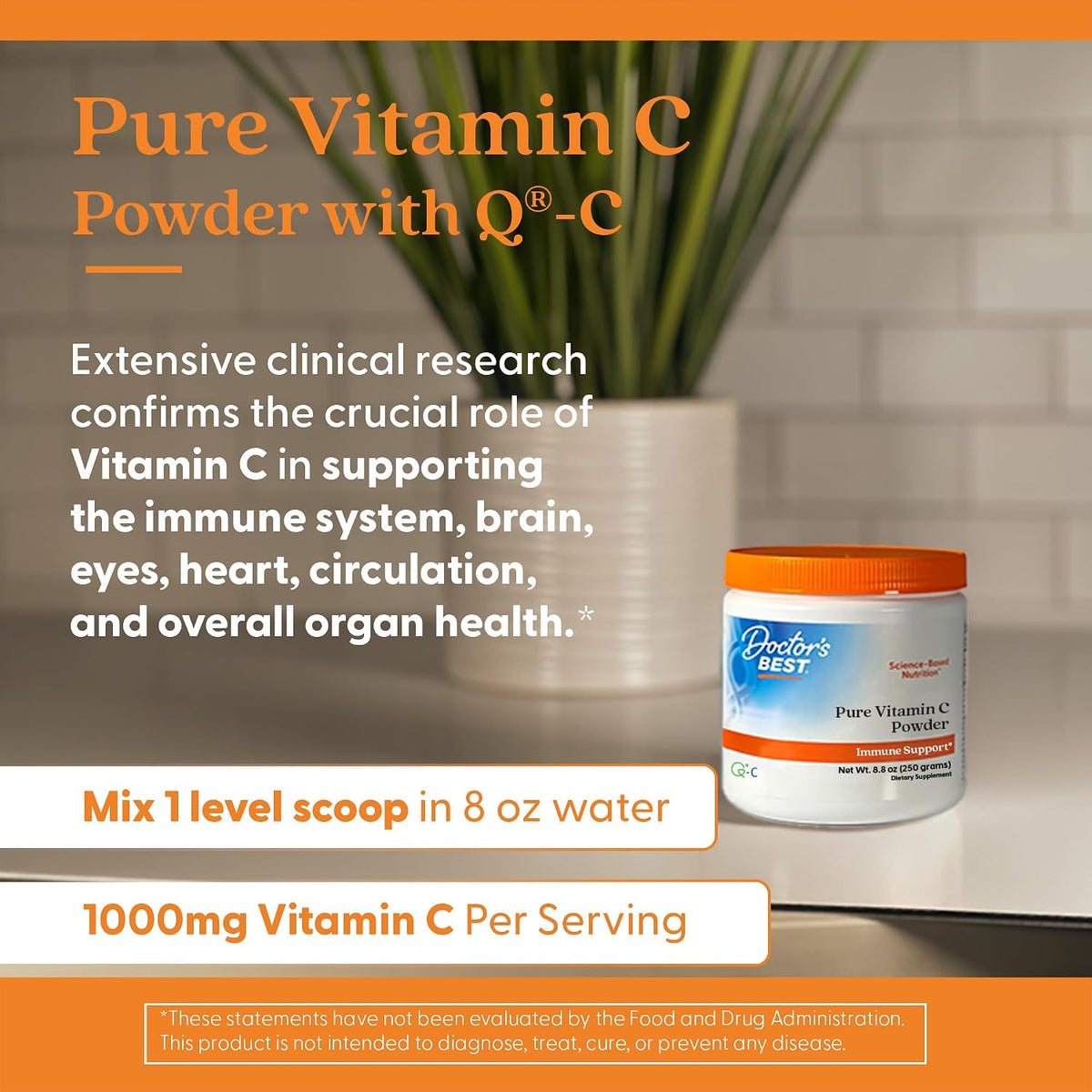 Doctor's Best Pure Vitamin C Powder (as Q-C Ascorbic Acid), Non-GMO, 8.8 oz