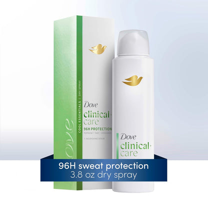 Dove Clinical + Care Antiperspirant Deodorant Dry Spray for Women, 96H Clinical Strength Sweat & Odor Protection, With Nourishing Serum, Cool Essentials with Cucumber Scent, 3.8 oz