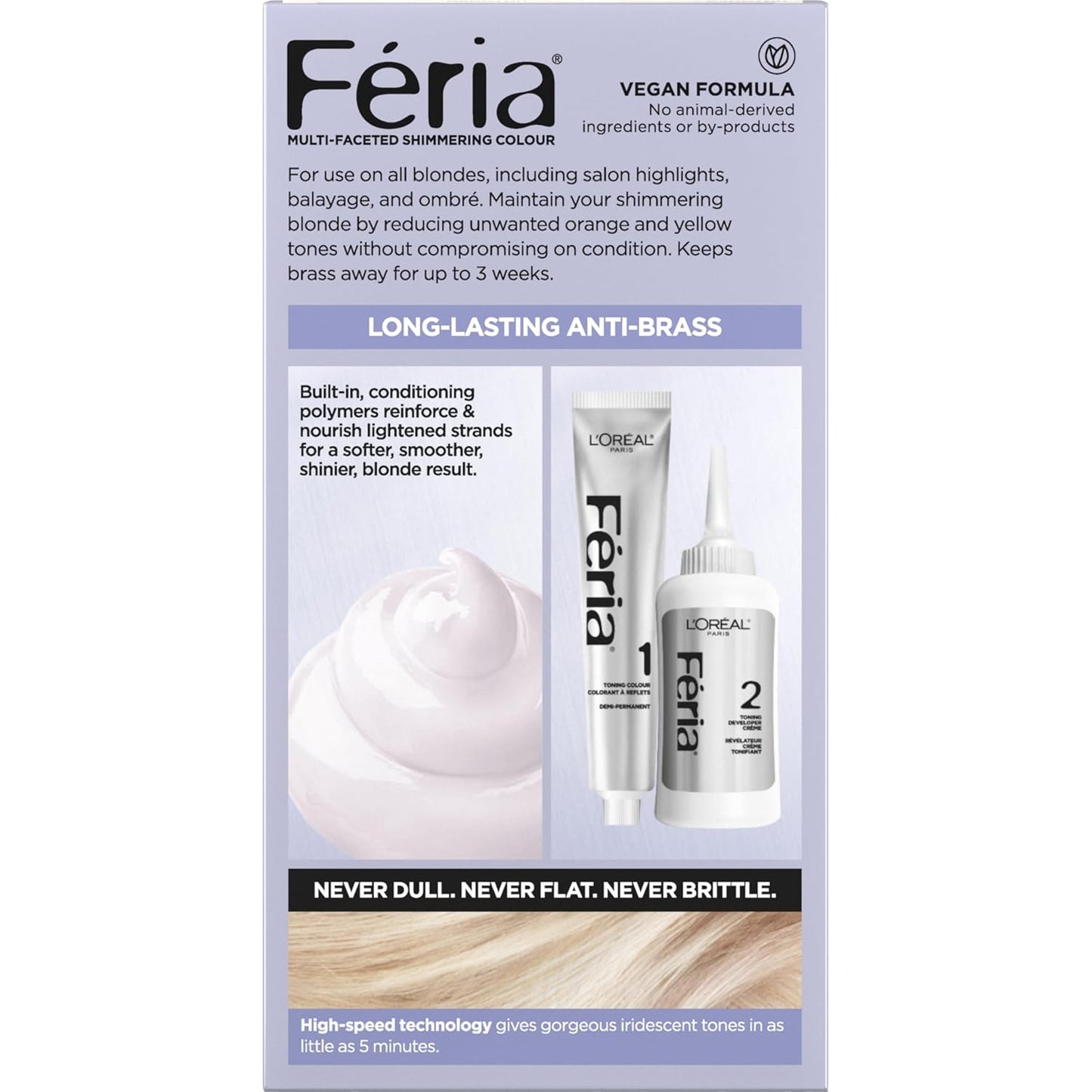 L'Oreal Paris Feria Long-Lasting Anti Brass Power Hair Toner, Ammonia Free Demi Permanent Hair Color, Pearl Blonde Hair Toner, 1 Application