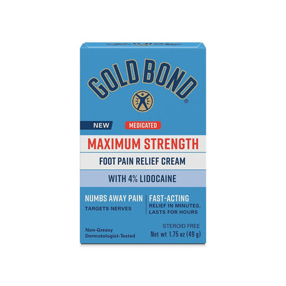 Gold Bond Medicated Foot Pain Relief Cream, Maximum Strength Pain Relief with Lidocaine HCI 4% to Numb Nerve Pain in Feet, Moisturizers and Aloe Soothe Dry Cracked Skin on Heels and Feet, 1.75 oz.