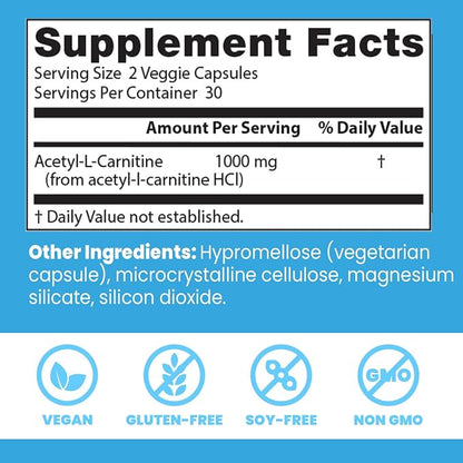 Doctors Best Acetyl-L-Carnitine 1000 mg Per Serving, 60 Veg Caps