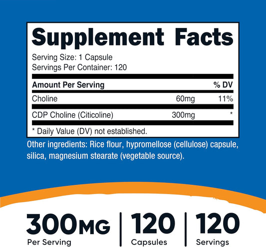 Nutricost CDP Choline (Citicoline) 300mg, 120 Vegetarian Capsules, GMO-Free