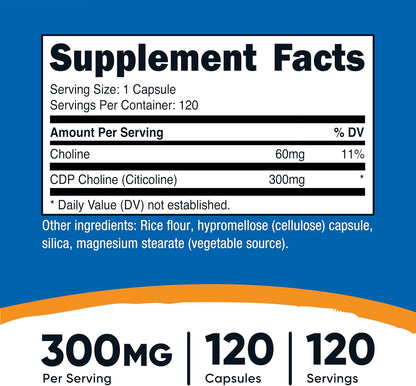 Nutricost CDP Choline (Citicoline) 300mg, 120 Vegetarian Capsules, GMO-Free (Pack of 2)