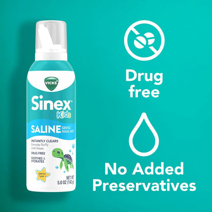 Vicks Sinex, Children's Saline Nasal Spray, Drug Free Ultra Fine Mist with Hint of Aloe, Ages 1+, Fast Everyday Stuffy Nose Relief for Kids, Clear Mucus from a Cold or Allergy, 5 OZ x 2