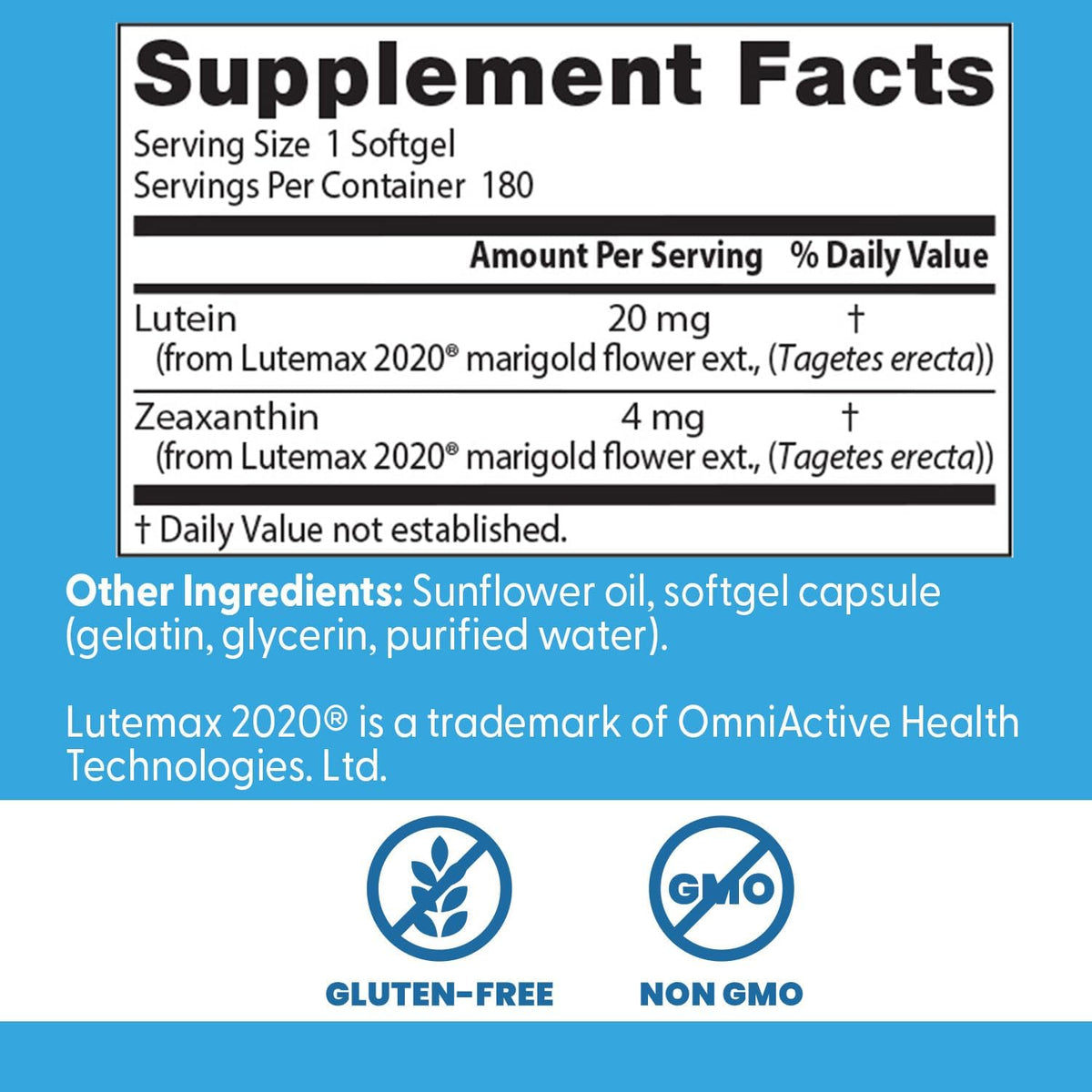 Doctor's Best Lutein Supplement 20mg with Zeaxanthin, 180 Softgels