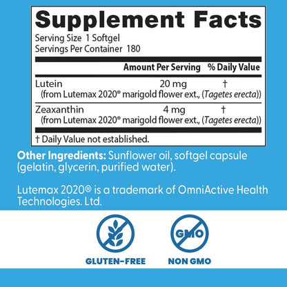 Doctor's Best Lutein Supplement 20mg with Zeaxanthin, 180 Softgels