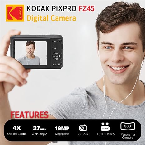 KODAK PIXPRO FZ45 16MP Digital Camera with 4X Optical Zoom 27mm Wide Angle and 2.7" LCD Screen Bundle with 32GB SD Memory Card, AA Batteries (4 Pack), Lens Cleaning Cloth (Black)