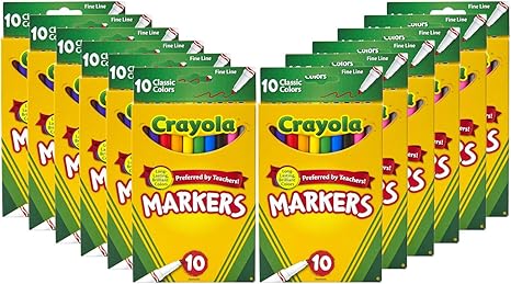 Crayola Fine Line Markers for Kids (12 Boxes), Bulk Coloring Markers for School, 10 Assorted Colors, Essential Teacher Classroom Supplies, Ages 3, 4, 5