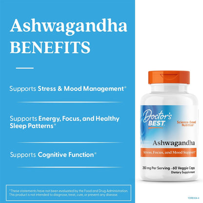 Doctor's BEST Sensoril Ashwagandha Supplement, for Men & Women, 60 Veg Caps