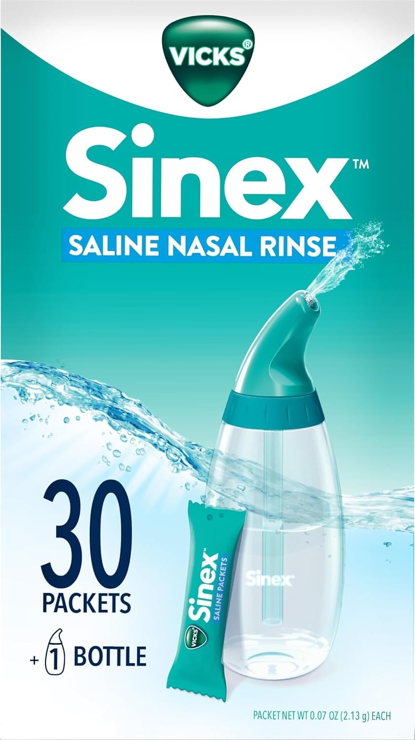 Vicks Sinex Saline Nasal Rinse Starter Kit, Drug Free Saline, Flush Out Mucus and Allergens, Fast & Effective Relief for Everyday Congestion from Sinus & Allergy, 1 Bottle + 30 Refill Packets