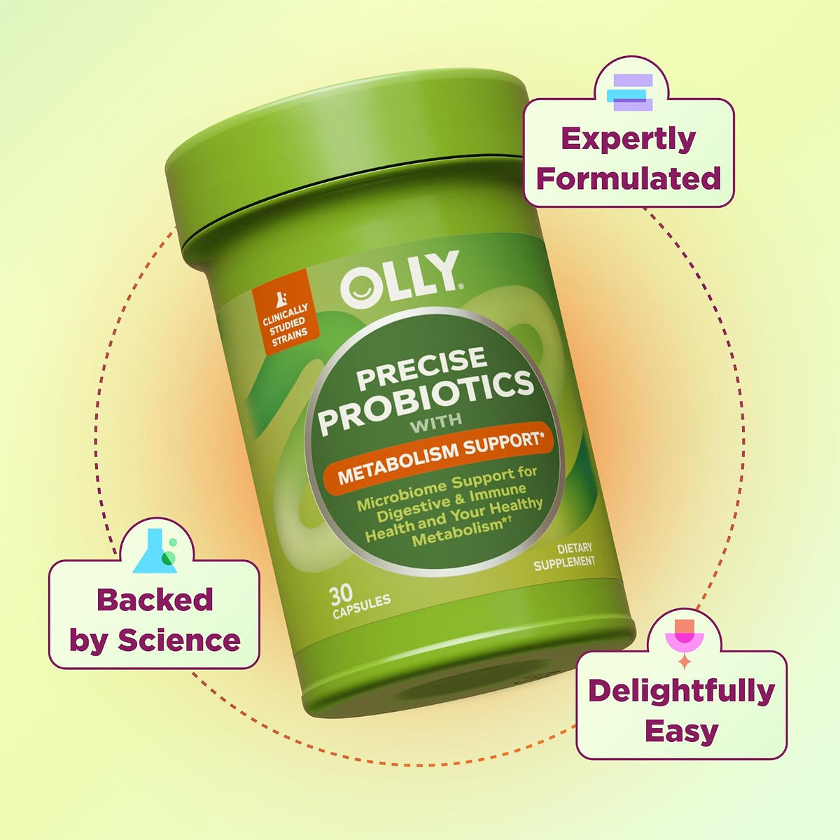 OLLY Precise Probiotics Metabolism Support Supplement, Supports Your Microbiome, Digestive & Immune Systems and Your Healthy Metabolism*, Clinically Studied Strains, 30 Count