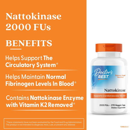 Doctor's Best Nattokinase 2000 FU Supplement, for Men & Women, 270 Veg Caps