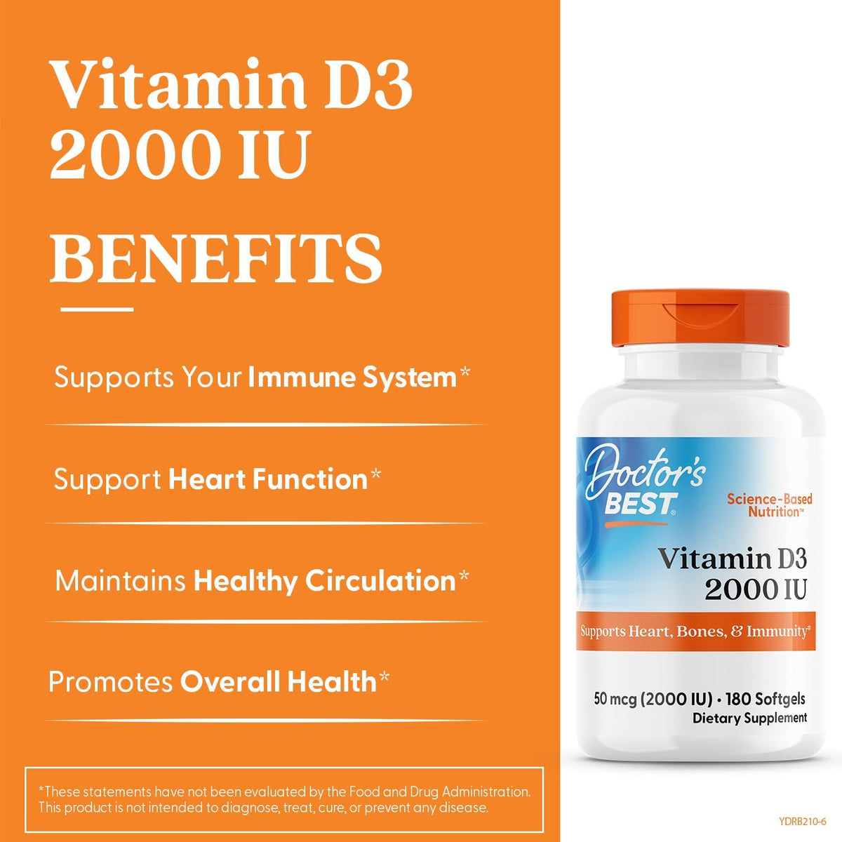Doctor's Best Vitamin D3 2000 IU Softgels, for Men & Women, 180 Softgels