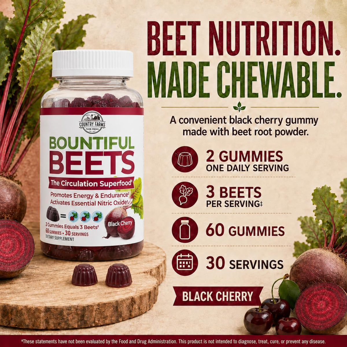Country Farms Bountiful Beets Gummies, Circulation Superfood, Promotes Energy and Endurance, Nitric Oxide Booster, 30 Servings, White, 60 Count
