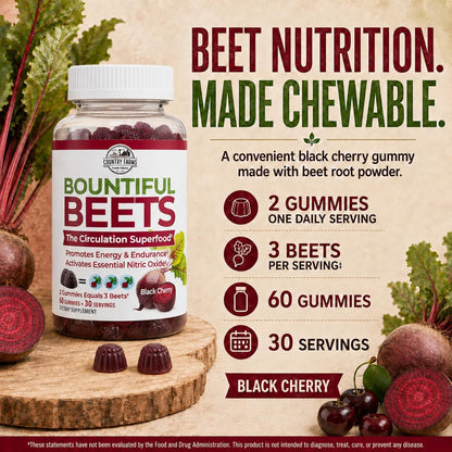 Country Farms Bountiful Beets Gummies, Circulation Superfood, Promotes Energy and Endurance, Nitric Oxide Booster, 60 Servings, White, 120 Count, 2 Pack