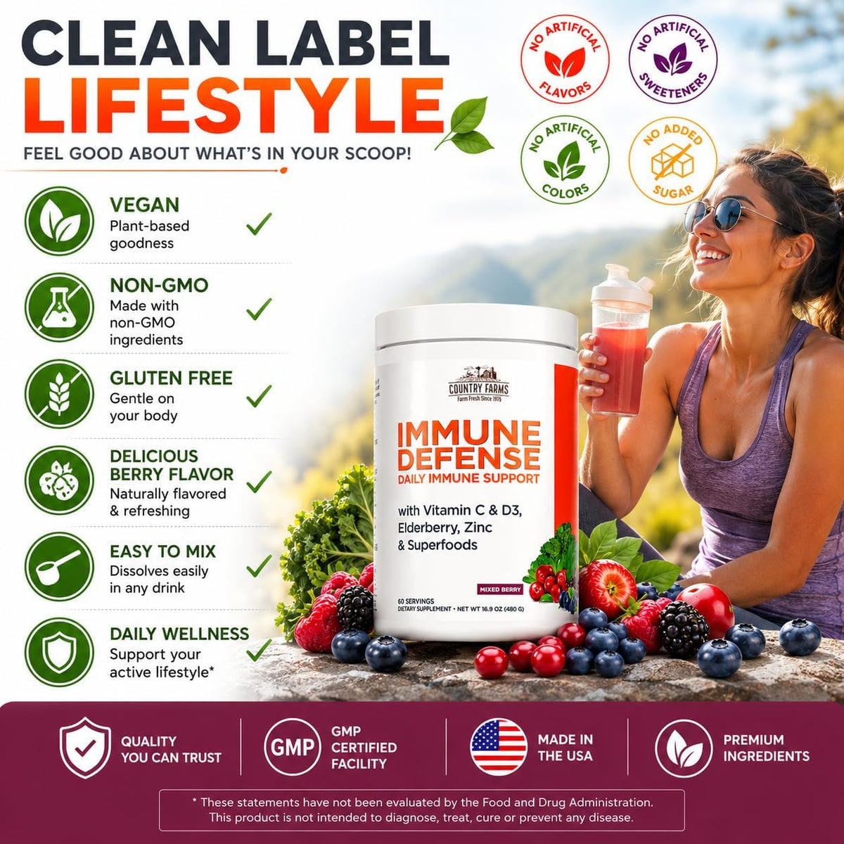Country Farms Immune Defense Superfoods, Immune Support Supplement, Vitamin C with Black Elderberry, Echinacea, Turmeric, Supports Hydration, with Probiotics and Prebiotics, Berry Flavor, 60 Servings