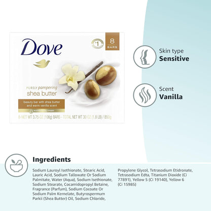 Dove Beauty Bar Soap Shea Butter,for Nourished,Radiant Skin,Enriches Skin 3.75 oz,(Pack of 72)