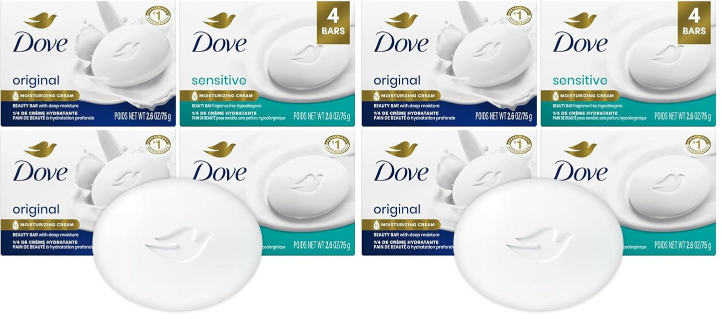 Dove Beauty Bar Soap Variety 8-Pack – Sensitive Skin, Fragrance-Free + Original, with Moisturizing Cream, 2.6 Oz Ea