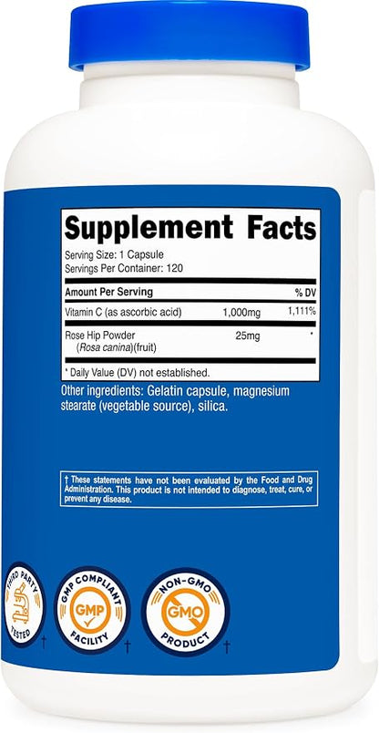 Nutricost Vitamin C with Rose Hips 1025mg, 120 Capsules - Vitamin C 1000mg, Rose Hips 25mg, Premium, Non-GMO, Gluten Free Supplement (Pack of 2)
