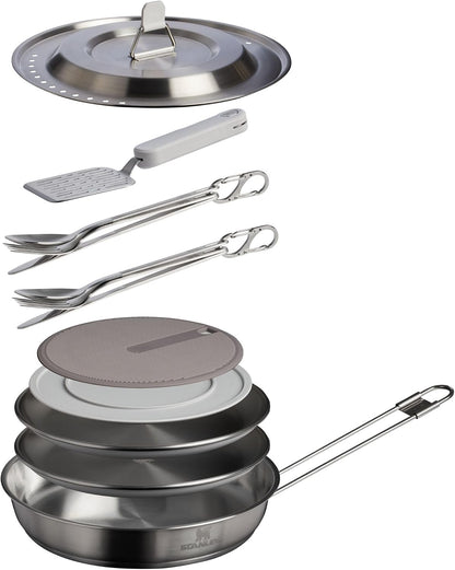 STANLEY Wildfare Pro 15-Piece Stainless Steel Fry Pan Cook Set | 8.75 in Fry Pan with Fold & Lock Handle | Plates and Utensils | Camping Essentials for Your Camp Kitchen | BPA-Free