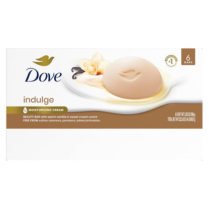 Dove Indulge Beauty Bar Soap 6 Count, Warm Vanilla & Sweet Cream, 3.75 oz I Indulgent beauty bar with Warm Vanilla and Sweet Cream for soft, smooth and healthy-looking skin