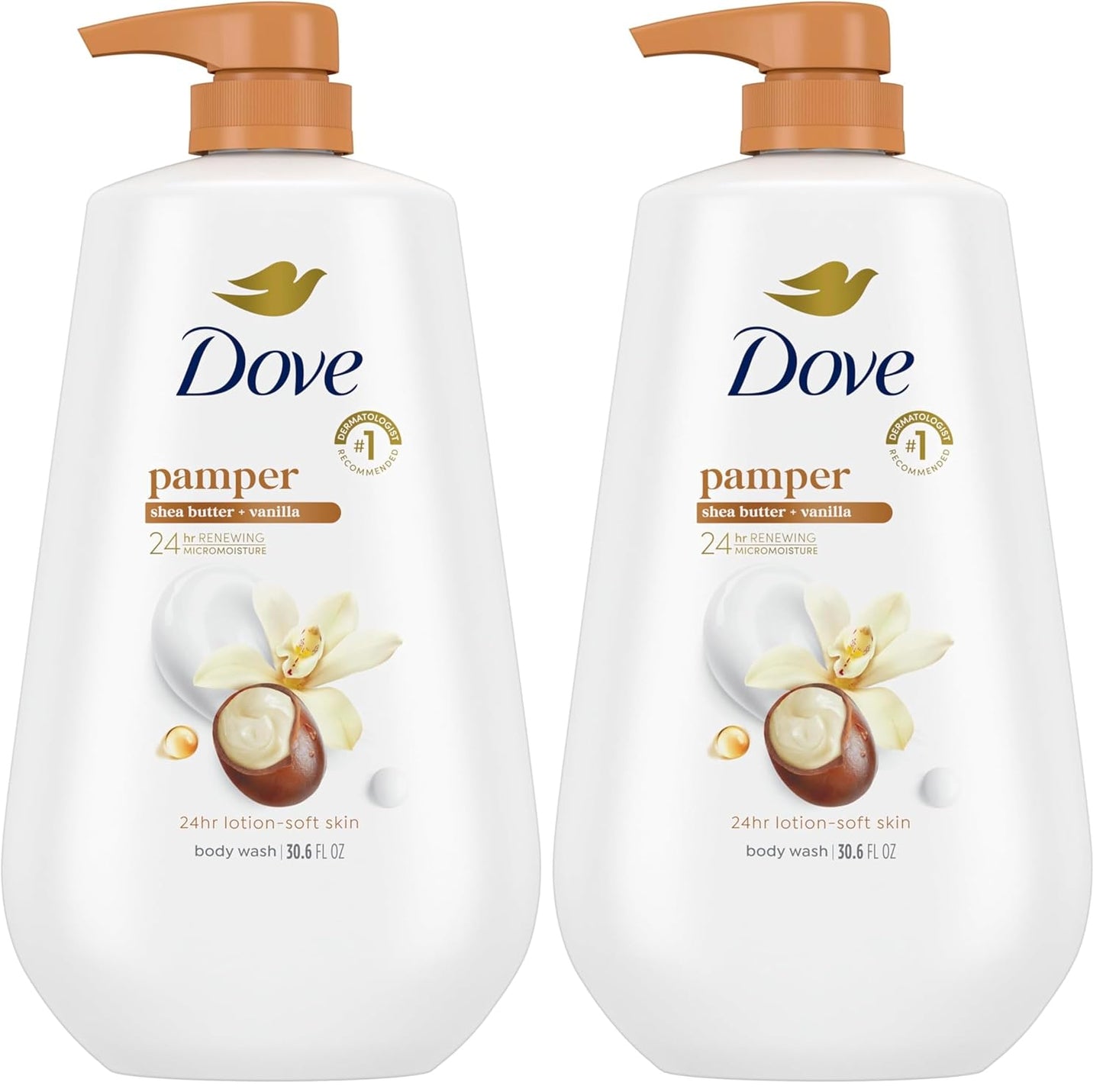 Dove Body Wash with Pump Pamper Shea Butter & Vanilla for 24hr Lotion-Soft Skin Moisturizing Skin Cleanser with No Sulfates No Parabens 30.6 oz (Pack of 2)