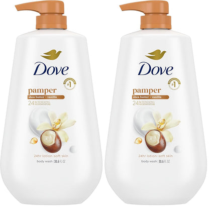 Dove Body Wash with Pump Pamper Shea Butter & Vanilla for 24hr Lotion-Soft Skin Moisturizing Skin Cleanser with No Sulfates No Parabens 30.6 oz (Pack of 2)