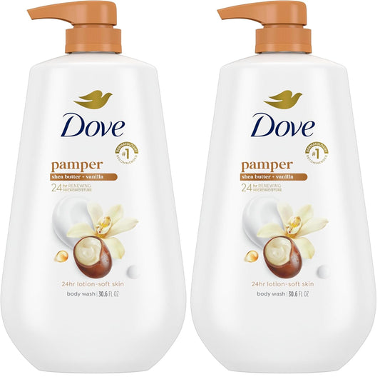 Dove Body Wash with Pump Pamper Shea Butter & Vanilla for 24hr Lotion-Soft Skin Moisturizing Skin Cleanser with No Sulfates No Parabens 30.6 oz (Pack of 2)