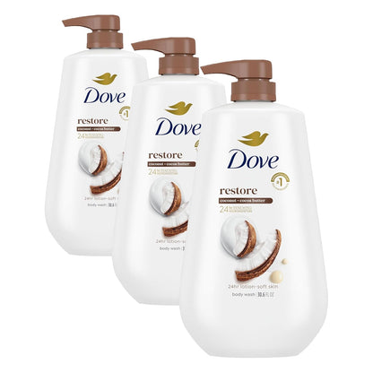 Dove Body Wash with Pump Restore Coconut & Cocoa Butter for 24hr Lotion-Soft Skin Moisturizing Skin Cleanser with No Sulfates No Parabens 30.6 Oz (Pack of 3)