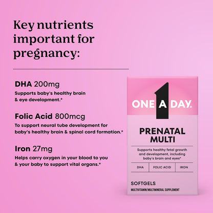 One A Day Prenatal Vitamins- Folic Acid, Iron, Omega- 3 (DHA), Pregnancy Vitamins for Women, Prenatal Multivitamin for Mom and Baby Support, Pregnancy Must Haves 90 Ct (Packaging May Vary)