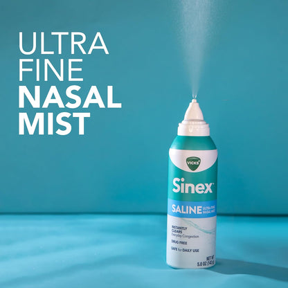 Vicks Sinex SALINE Nasal Spray, Drug Free Ultra Fine Mist, Clear Everyday Sinus Congestion Fast, Clear Mucus from a Cold or Allergy, Daily Use 5.0 fl oz x 2