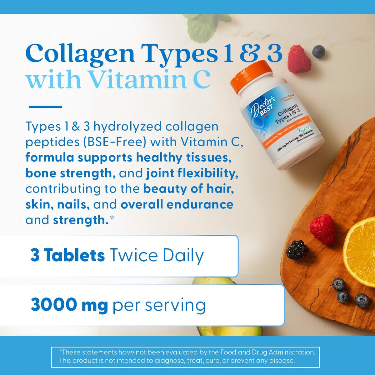Doctor's Best Collagen Peptides Supplement Types 1 & 3, 180 Tablets