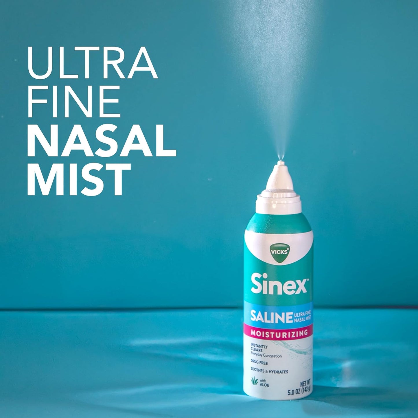 Vicks Sinex Saline Moisturizing Nasal Spray, with Aloe, Drug Free Ultra Fine Mist, Clear Everyday Sinus Congestion Fast, Clear Mucus from a Cold or Allergy, 5 OZ x 2