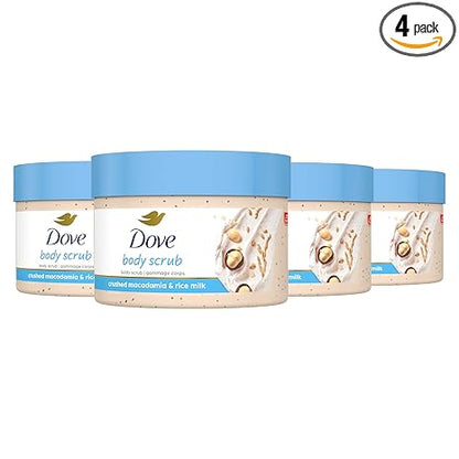 Dove Exfoliating Body Polish Scrub Reveals Visibly Smoother Skin Macadamia & Rice Milk Body Scrub That Nourishes Skin, 10.5 oz, 4 Count
