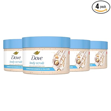 Dove Exfoliating Body Polish Scrub Reveals Visibly Smoother Skin Macadamia & Rice Milk Body Scrub That Nourishes Skin, 10.5 oz, 4 Count