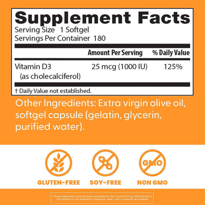 Doctor's Best Vitamin D3 1000 IU Softgels for Men & Women, 180 Softgels