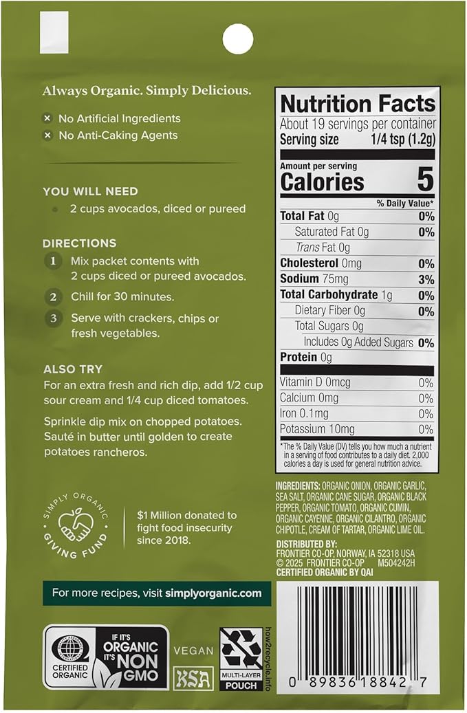 Simply Organic Dip Mix Guacamole - 0.8 oz - 2 pc