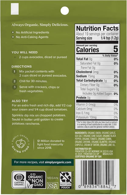 Simply Organic Dip Mix Guacamole - 0.8 oz - 2 pc
