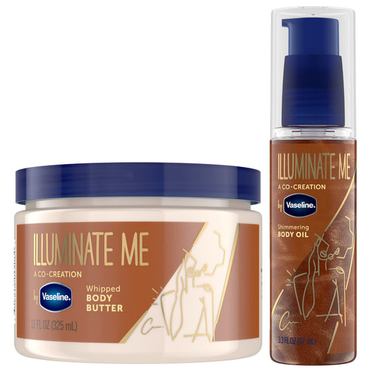 Vaseline Illuminate Me Body Butter & Oil - Shimmering Body Bronzer, Hydrating Whipped Organic Shea Butter with 24-Hour Moisture for Melanin-Rich Skin, Radiant Glow Oil (2 Piece Set)