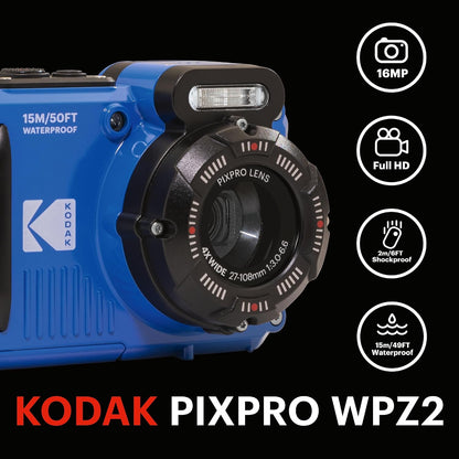 KODAK PIXPRO WPZ2 16MP Waterproof Digital Camera, 15m, 4X Zoom, Blue