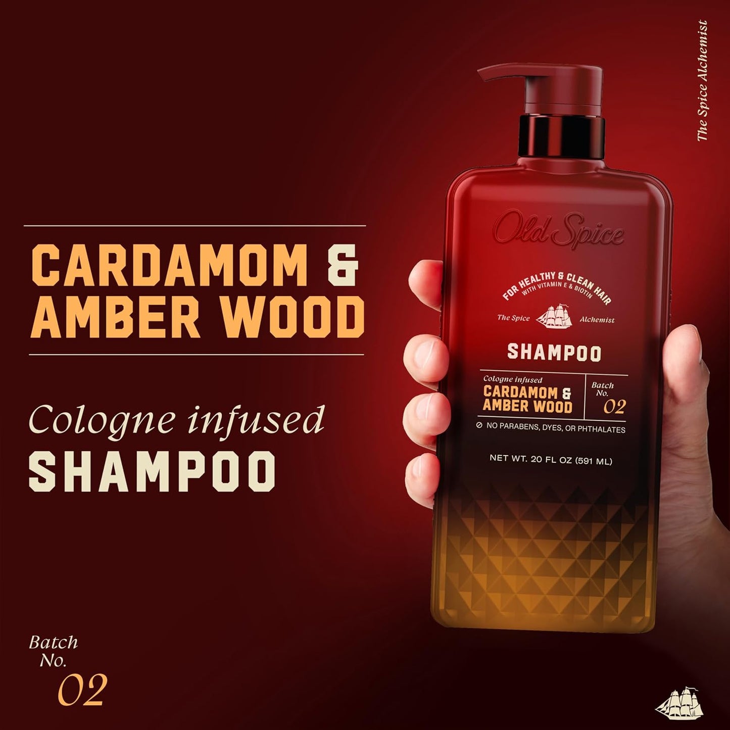 Old Spice Men's Shampoo, The Spice Alchemist Collection, Cologne-Infused Cardamom and Amber Wood Scent, Free of Parabens & Phthalates, 20 fl oz