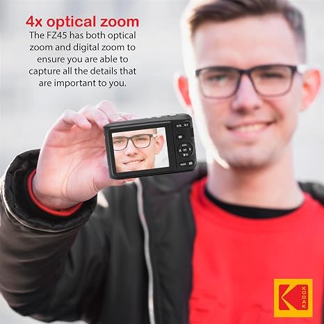 KODAK PIXPRO FZ45 16MP Digital Camera with 4X Optical Zoom 27mm Wide Angle and 2.7" LCD Screen Bundle with 32GB SD Memory Card, AA Batteries (4 Pack), Lens Cleaning Cloth (Red)