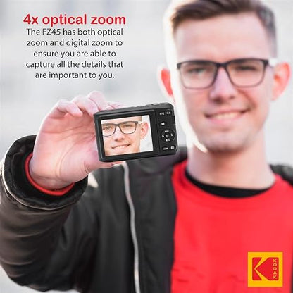 KODAK PIXPRO FZ45 16MP Digital Camera with 4X Optical Zoom 27mm Wide Angle and 2.7" LCD Screen Bundle with 32GB SD Memory Card, AA Batteries (4 Pack), Lens Cleaning Cloth (Red)