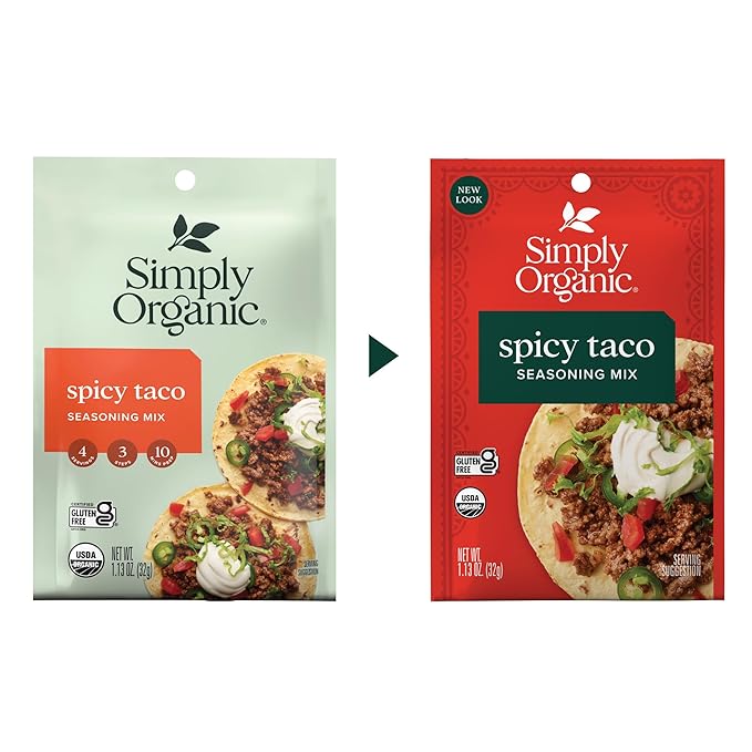 Simply Organic Spicy Taco Seasoning Mix, Gluten Free, Certified Organic, Kosher, Vegan, Vegetarian, Pure Flavor for Tacos, Stir-Fries, Mexican Dishes, and More | 1.13 Ounce (Pack of 12)
