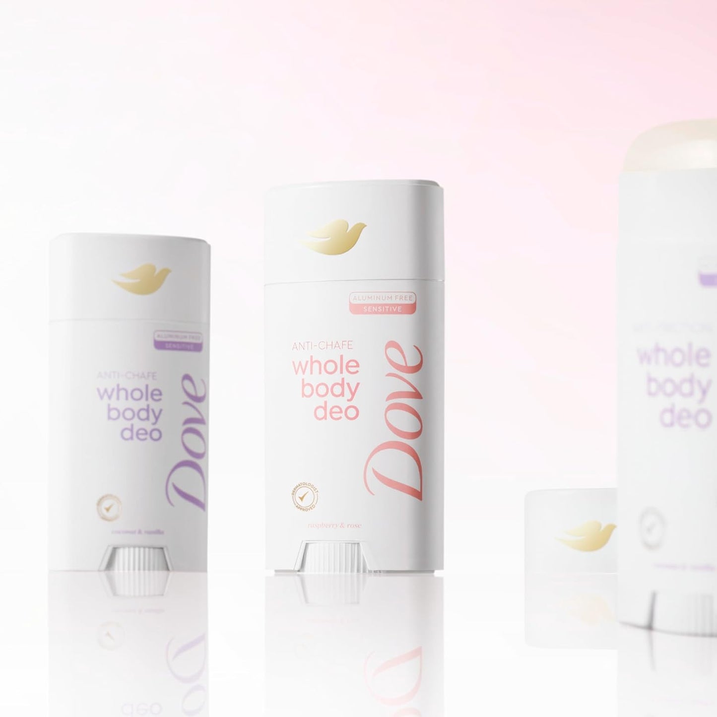 Dove Whole Body Deo Aluminum Free Anti-Chafe Deodorant Stick Raspberry & Rose for 72h Odor Control 2.6 Oz, (Pack of 2)